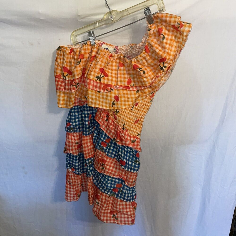 Anthropologie Farm Women’s Off Shoulder Dress Size Medium Orange Colorblock Fun